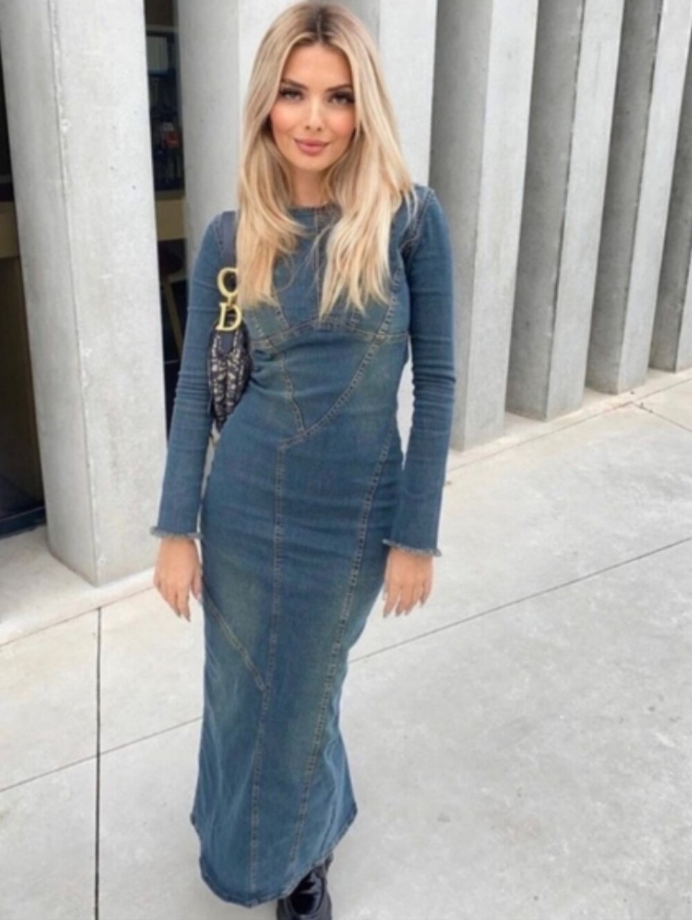 Zara Dark Blue Denim Dress with Bronze Stitching